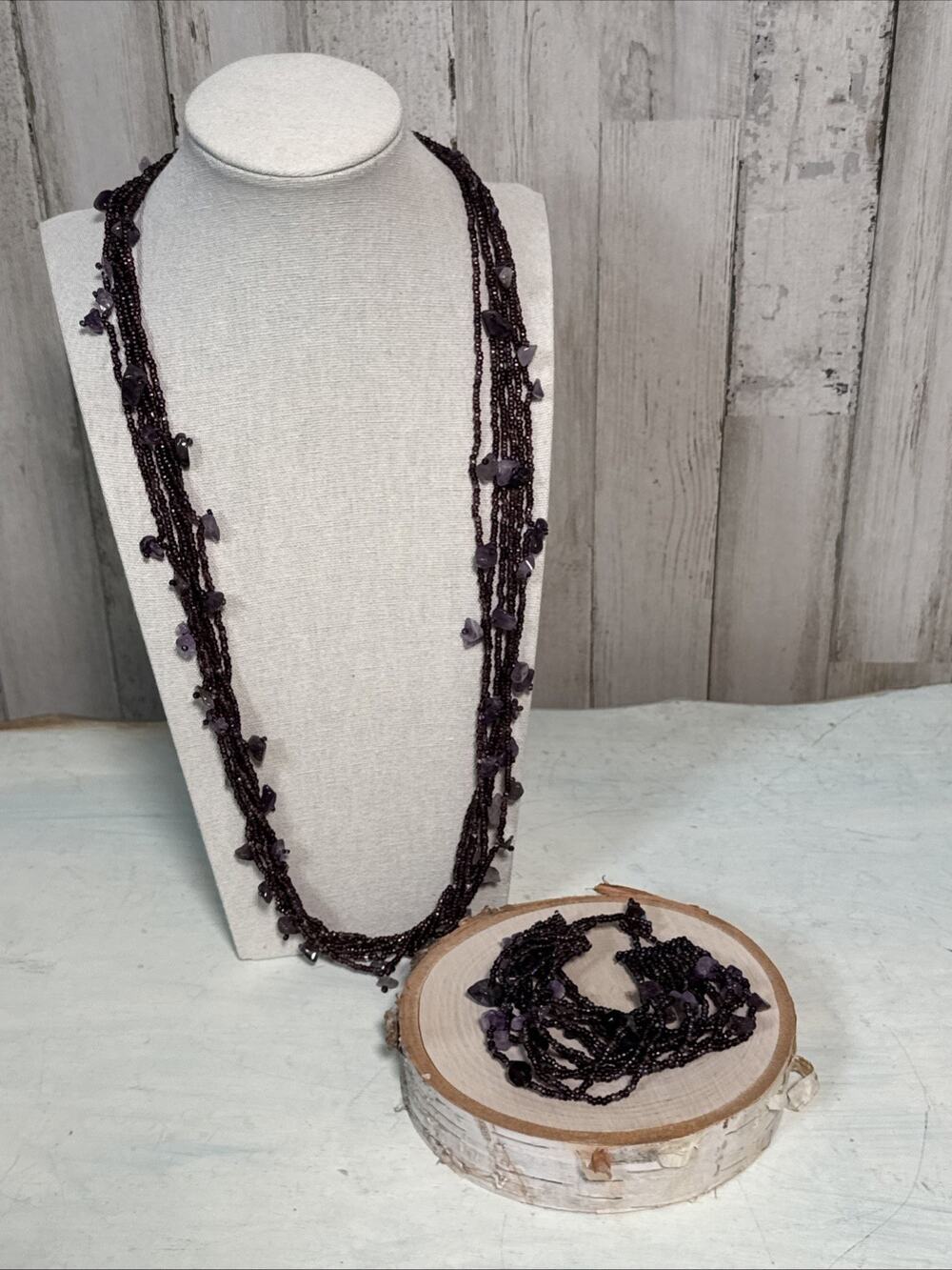 Purple Glass Beaded Multi Strand Adjustable Necklace And Bracelet Set